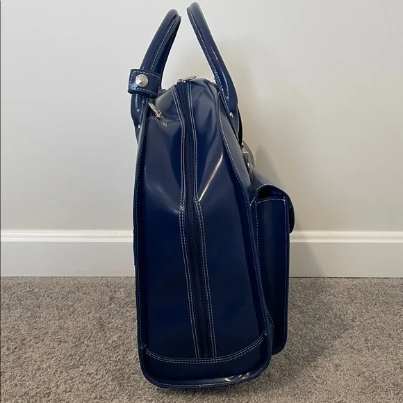 McKlein Edgebrook Navy Leather Rolling Briefcase Laptop Bag Lock Key - Picture 3 of 16